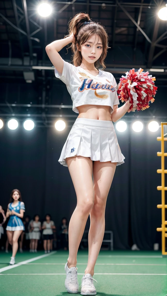 A beautiful young Japanese woman, 20 years old, with perfect anatomy, healthy thighs, beautiful feet, flawless skin, random hair color and style, large bust, (she is standing:1.2), wearing a cheerleader uniform with micro-pleated miniskirt, in a full body shot, standing in a stadium, (best quality,4k,8k, highres, masterpiece:1.3), (extremely detailed:1.2), Kasumi Arimura