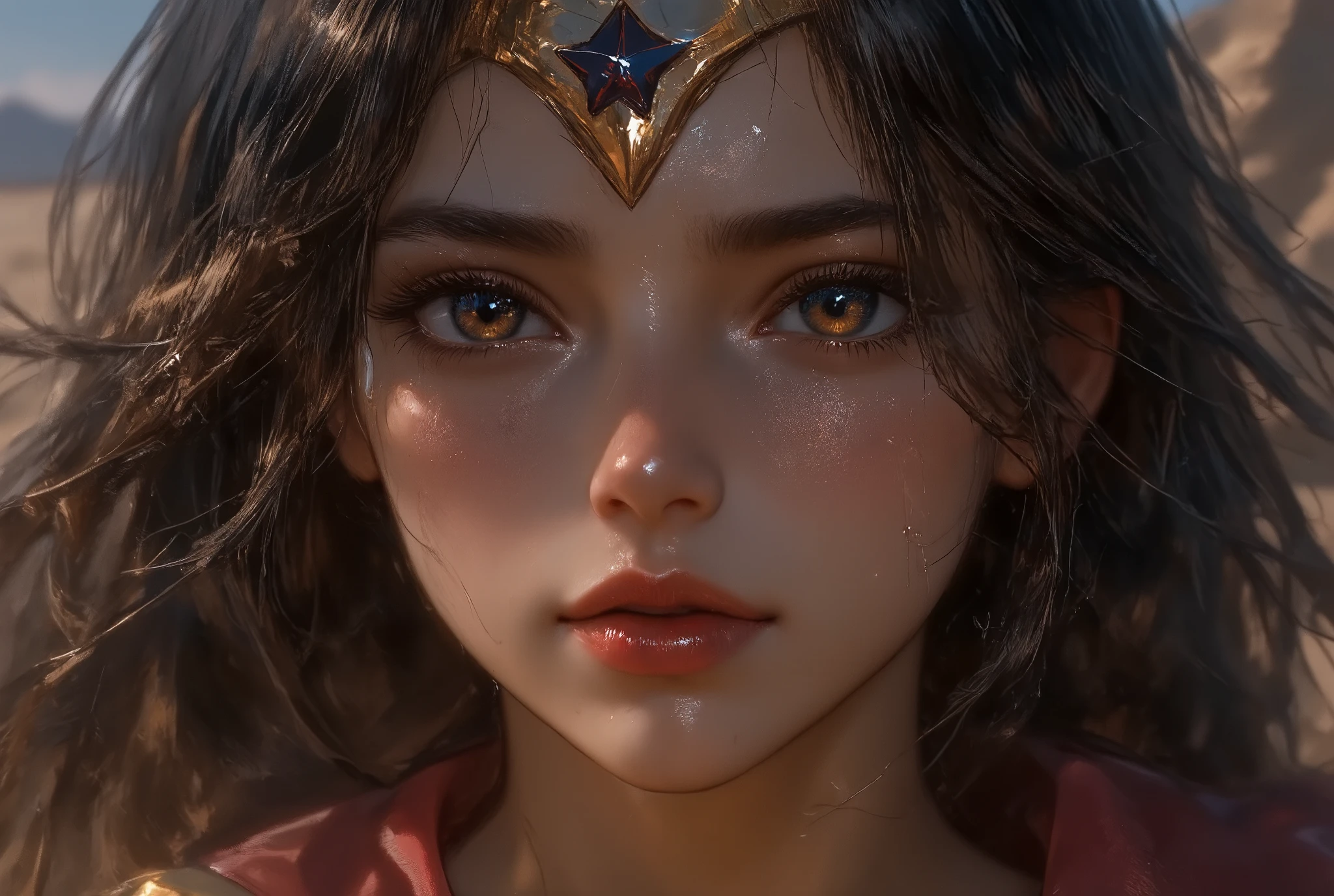 SUPER WOMAN, REAL, oil painting, a detailed painting, ink artistic conception, real paint texture, hyper-realistic, depth of field, dramatic lighting, Realistic, highly detailed, masterpiece, 8k, Cinematic Composition, dark moody vibe, Dramatic Shadows, Intricate and elaborate pattern, 30 megapixel, chiaroscuro lighting, moody color palette, deep contrast, realistic anime style, A fusion of the styles of Katsuya Terada, Range Murata, Akiman and JUNNY