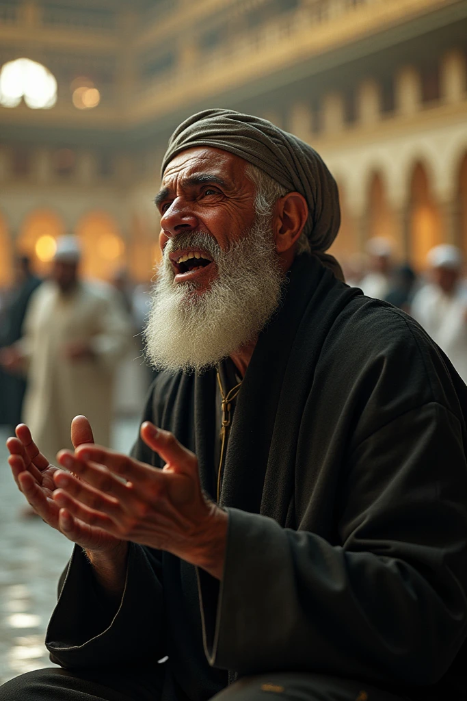 An elderly Muslim man with a beard is being pushed out of the mosque by a man by the neck, which causes the Muslim old man to cry in pain