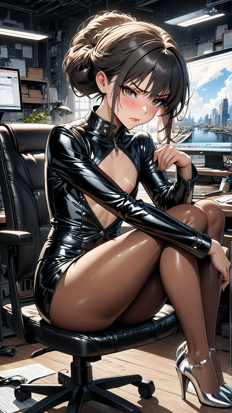 ((Adult transgender women)); sensual leather suit, leather tight skirt; brown eyes; showing the whole body; brown skin; Black hair, hairstyle; High heels silver sandals. High quality. 4k, 8k, many details. Blushing. Masterpiece, accurate, anatomically correct, detailed background, better quality, original work. Enterprise background, sitting on ceo chair, legs crossed, serious expression, full body, flat chest, delicate hands, desktop, elegant pose, upskirt, one person, power