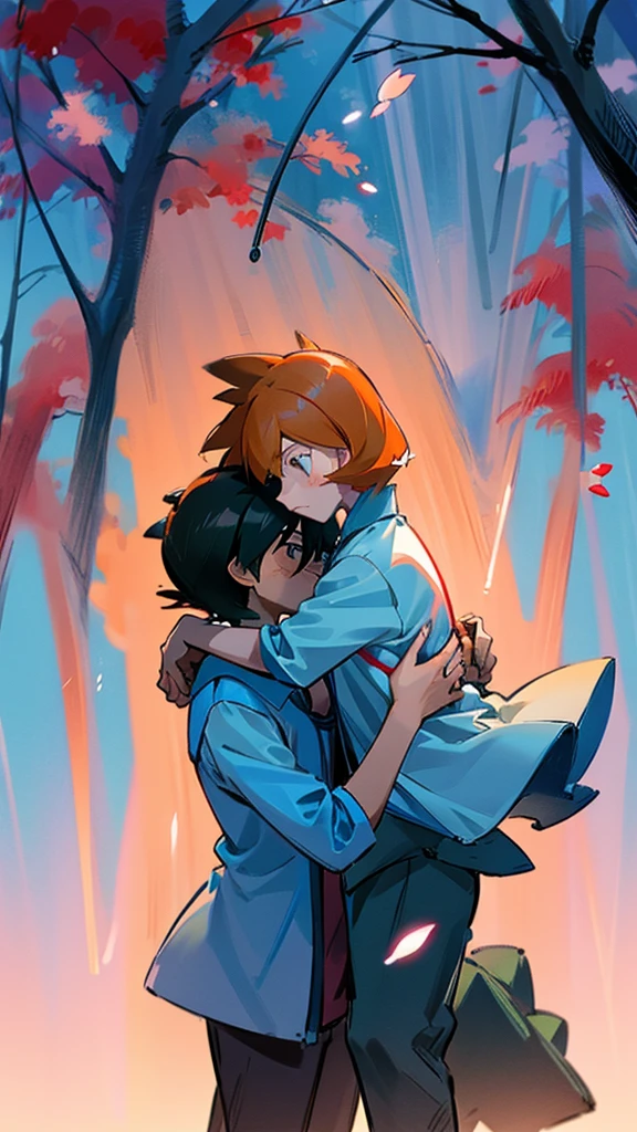 Ash_pokemon , black hair, brown eyes.ash Ketchum ,1 guy. Misty_pokemon , Berry Short,Orange Hair, one side up hair ,Big green eyes,Small breasts,Skinny , pokemom couple .anime couple hugging in the rain with falling petals, emotional picture, pin on anime, yandere, anime picture, beautiful anime, anime wallaper, crying and reaching with her arm, huggingh, drama,