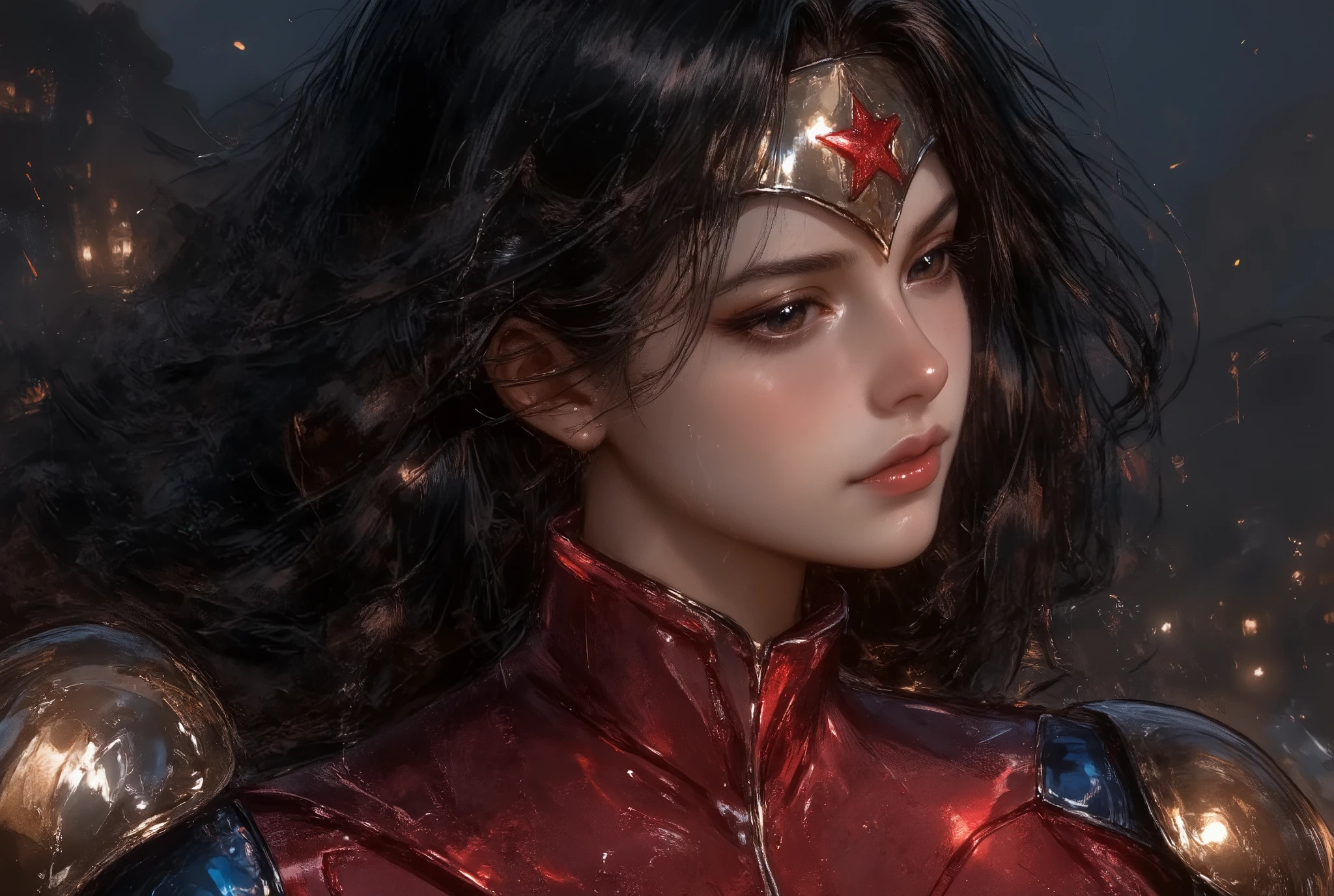 SUPER WOMAN, REAL, oil painting, a detailed painting, ink artistic conception, real paint texture, hyper-realistic, depth of field, dramatic lighting, Realistic, highly detailed, masterpiece, 8k, Cinematic Composition, dark moody vibe, Dramatic Shadows, Intricate and elaborate pattern, 30 megapixel, chiaroscuro lighting, moody color palette, deep contrast, realistic anime style, A fusion of the styles of Katsuya Terada, Range Murata, Akiman and JUNNY