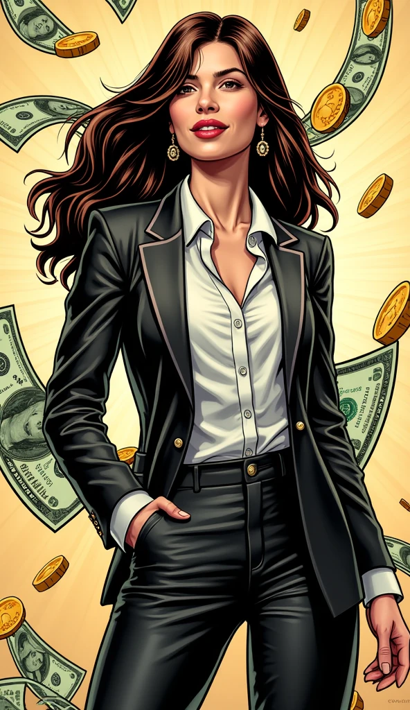"A stylish adult woman, American, dressed in a professional and elegant outfit suitable for a business environment. She is surrounded by symbols of wealth and success, such as dollar bills or gold coins, presented in a comic book style with vibrant colors. The woman has a confident and discreet smile, with an overall empowering and classy appearance. The background incorporates abstract elements related to finance and prosperity."
