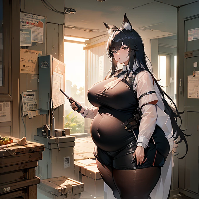    super high resolution  , 最    High Quality    ,    super detailed, 4K,    1 girl, (8k,    High Quality    ,      Masterpiece      , 最    High Quality    ,    super detailed, Detailed aspects , Delicate hands,    one woman,    one woman ,    one girl, Texas (    Arknights    ), Alone,    animal ears    , ロング    black hair    ,    black hair   ,特大のBig Breasts, 特大Big Breasts,    huge thighs    , ((Big Breasts, Big Breasts,    huge thighs    , Big belly ))    Dynamic Poses    ,Big belly