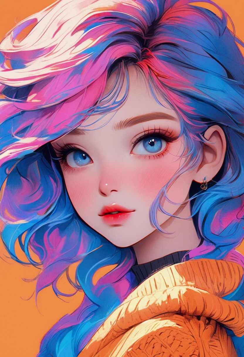 illustration, anime, realistic, sketch, cute woman, lip, Sweater, blue gradient background, neon hair, textured crop, ultra detailed, absolutely resolution, masterpiece