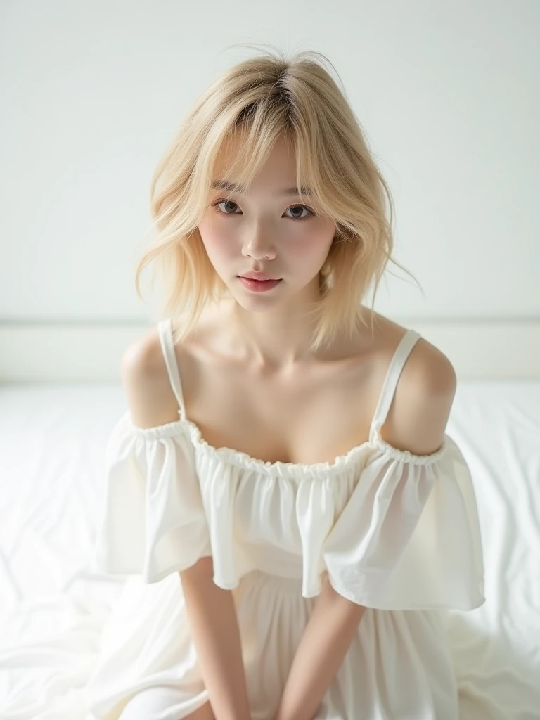 A beautiful Japanese girl is depicted in a vertical, ultra-realistic illustration. She has short, light-colored hair that frames her delicate face, with her eyes closed in a serene expression. She wears a thin, translucent dress with a subtle floral pattern, the fabric gently clinging to her form. The soft lighting highlights her smooth skin and the delicate textures of the dress, creating a dreamy, ethereal atmosphere.
The background is minimalistic and light, emphasizing the girl's calm and peaceful demeanor. The artist employs digital painting techniques to achieve high detail and realism, particularly in the rendering of her hair, skin, and the semi-transparent fabric of the dress. The use of soft gradients and subtle shadows enhances the sense of depth and realism, making the image both captivating and serene.