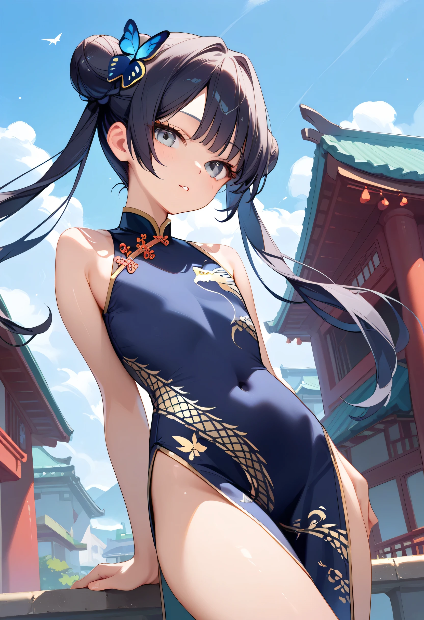 masterpiece,  top quality,  perfect face,  highest resolution, eyes showing the navel, Ryuuge Kisaki,  1 girl, young,  gray eyes,  black hair ,  bun hair ,  twin tails, Butterfly Hair Ornament,  long hair,  flat chested, Chinese Dress , dragon print, Gold embellished dress, Western-style building