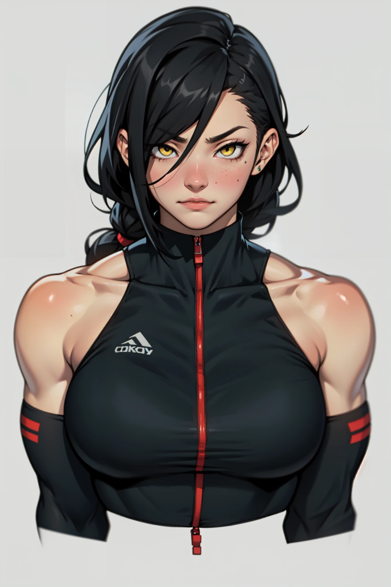 perfect female anatomy muscular girl massive breasts empty eyes embarrassed black hair yellow eyes pale skin perfect female anatomy
