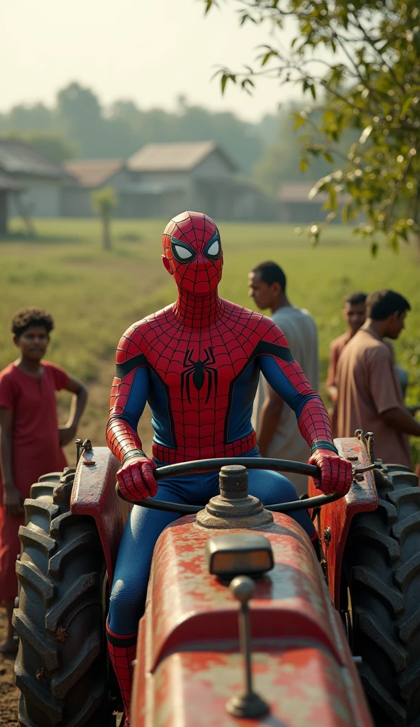 Spiderman carrying some firewood on his back while walking on an uphill dirt road, It was clear that the woman's face was smiling and full of sweat, rural background, ricefield, river, mountains, followed by three small children, the picture looks real, realistic full HD 4K