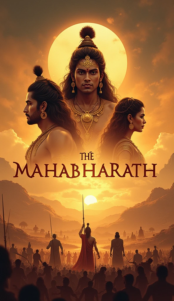 Design a powerful and epic thumbnail for a "Mahabharat Story" video. The image should feature central characters from the Mahabharat, with Lord Krishna in the center, depicted in his divine form, glowing with an ethereal light. Surround him with Arjuna, holding his bow and arrow, and Bhishma lying on a bed of arrows. The background should depict the intense battlefield of Kurukshetra, with chariots, warriors, and a dramatic sunset sky filled with dust and clouds. The title "Mahabharat Story" should be displayed in bold, ancient-style text, with a weathered gold texture, either at the top or bottom of the image. The overall color palette should be fiery and intense, using deep reds, oranges, and golds to capture the grandeur and drama of the epic.