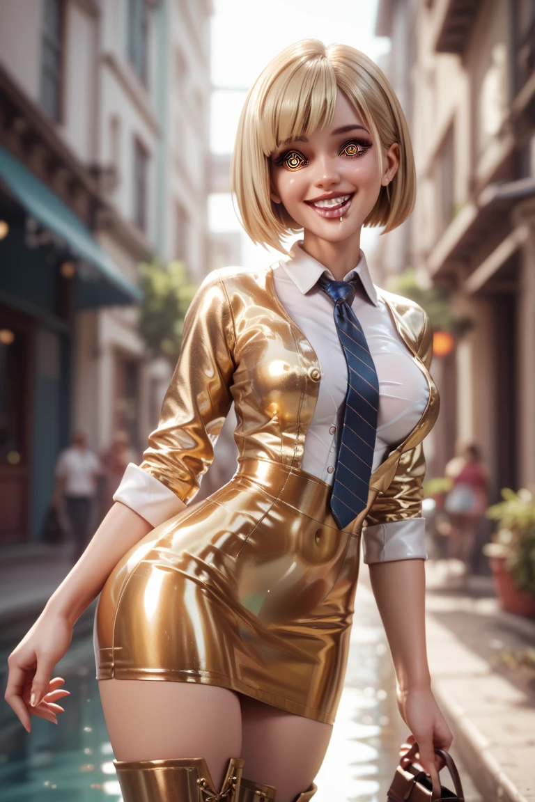  1 girl, Buttoned in extremely tight shiny golden latex blouse with skirt with high boots, Necktie, bob cut,  blonde hair, smile, saliva, salivafluss, Spiral eyes, salivaspur, Lens reflection, Reflected light, 