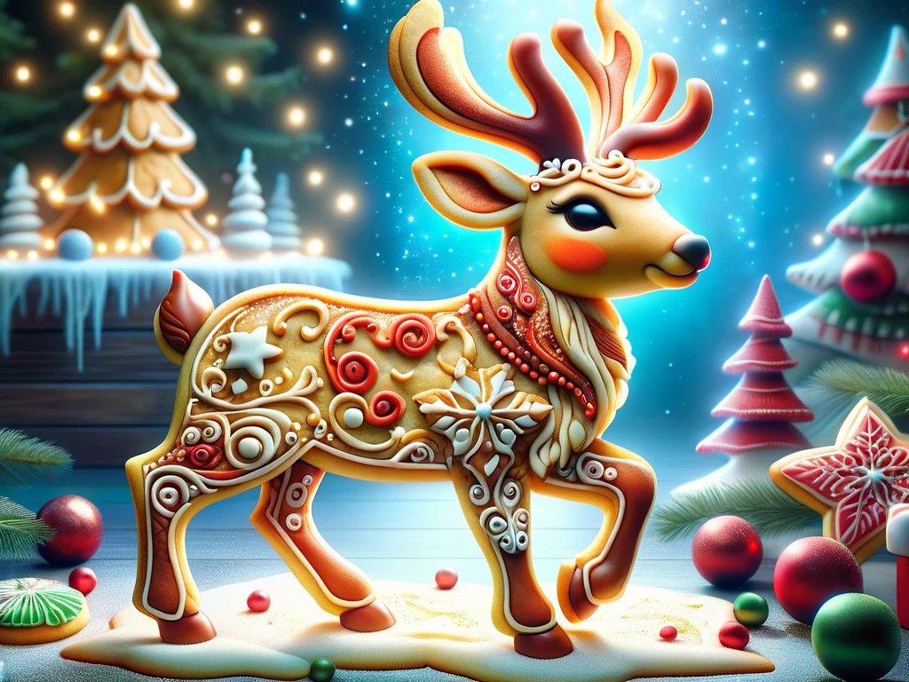 Jacob written in sugar cookie style ,  Highly detailed dynamic shot of an adorable and majestic baby reindeer,  anatomy, beautiful masterpiece, fantastic creature, cute, arte digital, Bright flashes.