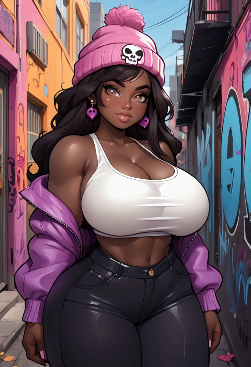 (best quality), big head, face happiness, (short girl with huge breasts:1.2) dark skinned girl in a punk outfit posing for a photo, in a graffiti street, purple vest, white shirt with long sleeves, slightly chubby, two toned hair, beanie with a skull logo, wide hips, big butt, thick thighs, gyaru , cleavage, angelawhite, thick, gorgeous woman, 3/4 bust, busty, sie boob, beautiful thick female, thick lips, thick neck, black and light brown hair, big breasts, thicc, gorgeous lady, big breasts!, thick body, curvaceous. detailed. 1 girl black skin, plump lips, black skin, cute and delicate. extremely long black hair  hair, freckles on her face, her breasts are small, completely smug face, she is wearing streetwear clothes. BLACK SKIN, WOMAN BLACK SKIN, ONLY BLACK SKIN allowed, DARK_SKIN,  high quality, 8k, 4k, FULL BODY. WHITE EYES 