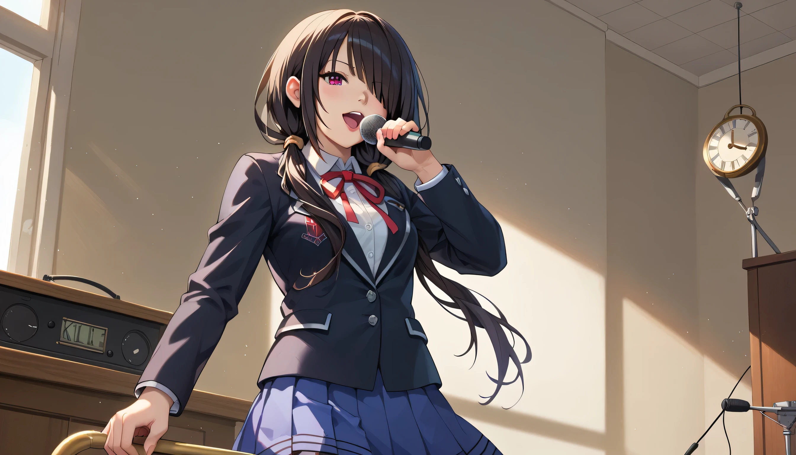 score_9, score_8_up, score_7_up, 1 girl, solo, KurumiSchool, KurumiBase, (clock eyes), heterochromia, low twintails, hair over one eye, school uniform, black jacket, blue skirt, neck ribbon, black pantyhose, cowboy shot, sing, singing, holding mic, mic, open mouth, looking at viewers, 