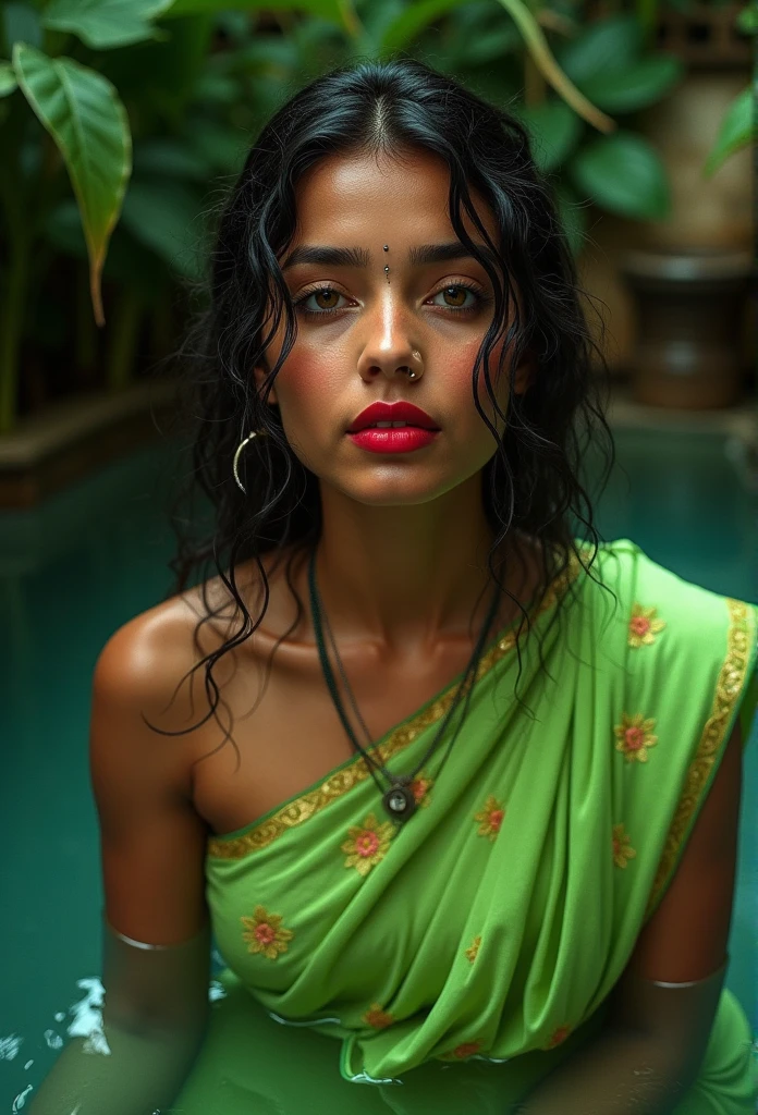 Red lips nose pierced wearing hot green saree bathing 