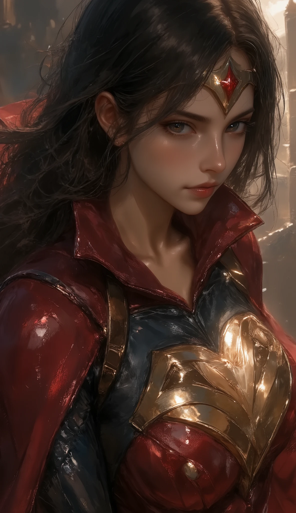 SUPER WOMAN, REAL, oil painting, a detailed painting, ink artistic conception, real paint texture, hyper-realistic, depth of field, (full body:1.3), fine facial features, dramatic lighting, Realistic, highly detailed, masterpiece, 8k, Cinematic Composition, dark moody vibe, Dramatic Shadows, Intricate and elaborate pattern, 30 megapixel, chiaroscuro lighting, moody color palette, deep contrast, realistic anime style, A fusion of the styles of Katsuya Terada, Range Murata, Akiman and JUNNY