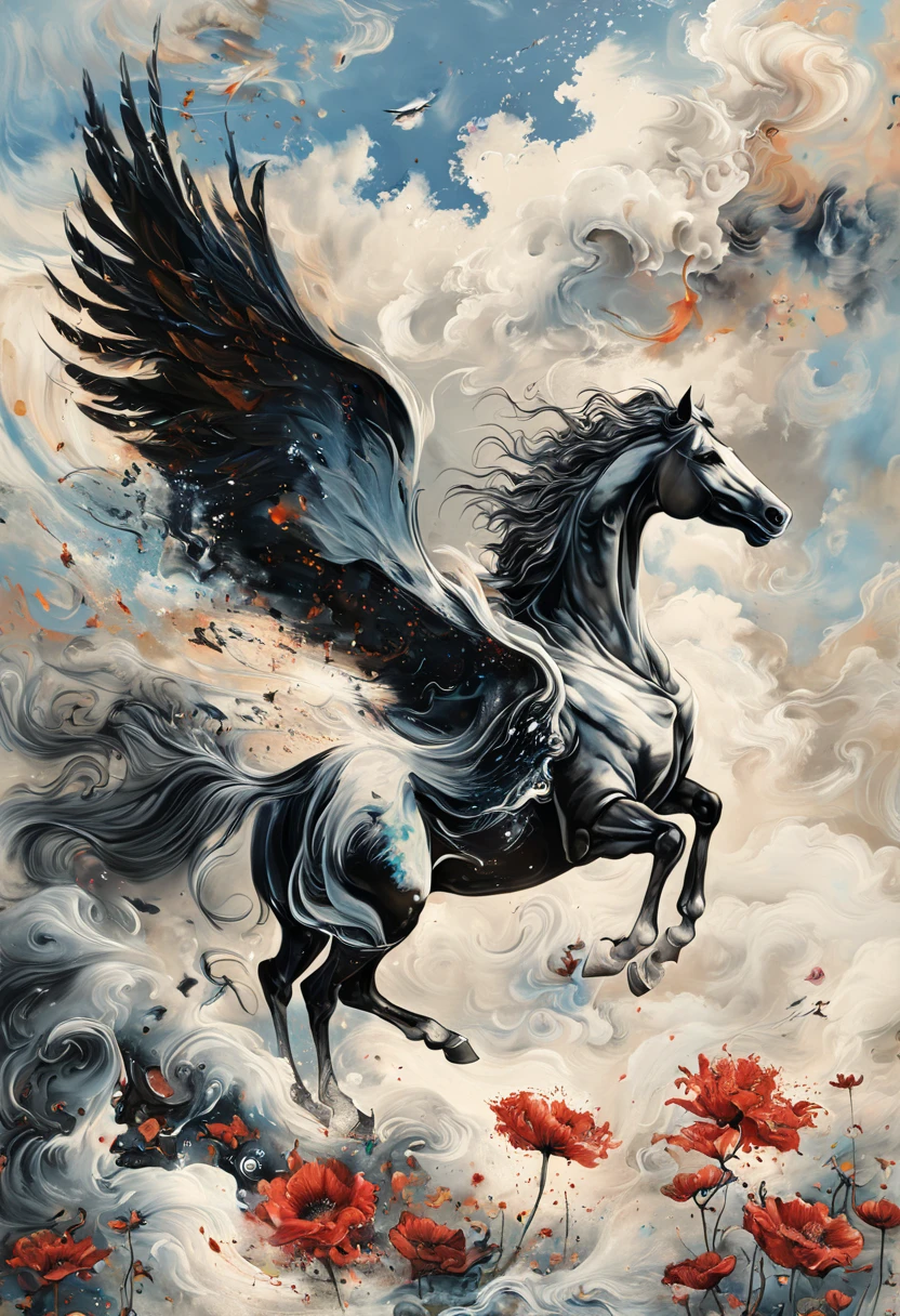 Ink, horse, cloud, wing, I am, outdoors, feathered wing, sky, petal,oil paint
