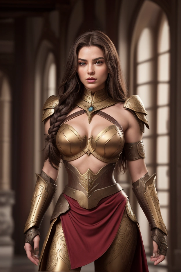 photorealistic mixed oil painting of woman warrior in gladiator amor suit in the ancient palace. beautiful breasts , large hanging breasts, The setting should be grand and richly decorated., medium long shot , cinematic light ,fantastic ,dim light atmosphere , elegance pose, battlefield backvround
