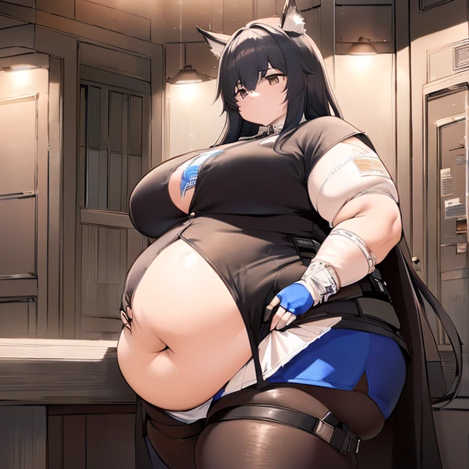 ((Best Quality,  ultra high resolution, masterpiece:1.3)),  1 obese girl who was very big and fat,  upper body, Viewers watch  , thick chest,Big belly that came out of her clothes  , (Long Hair, Black Hair ,  animal ears  ,  blue eyes  , Red Hairband), (  white shirt ,  white jacket  , skirt, belt, Gloves), smile,  beautiful eyes,  High Definition Skin , (  detailed face at night  ), Detailed eyes, Nice hands, Perfect hands