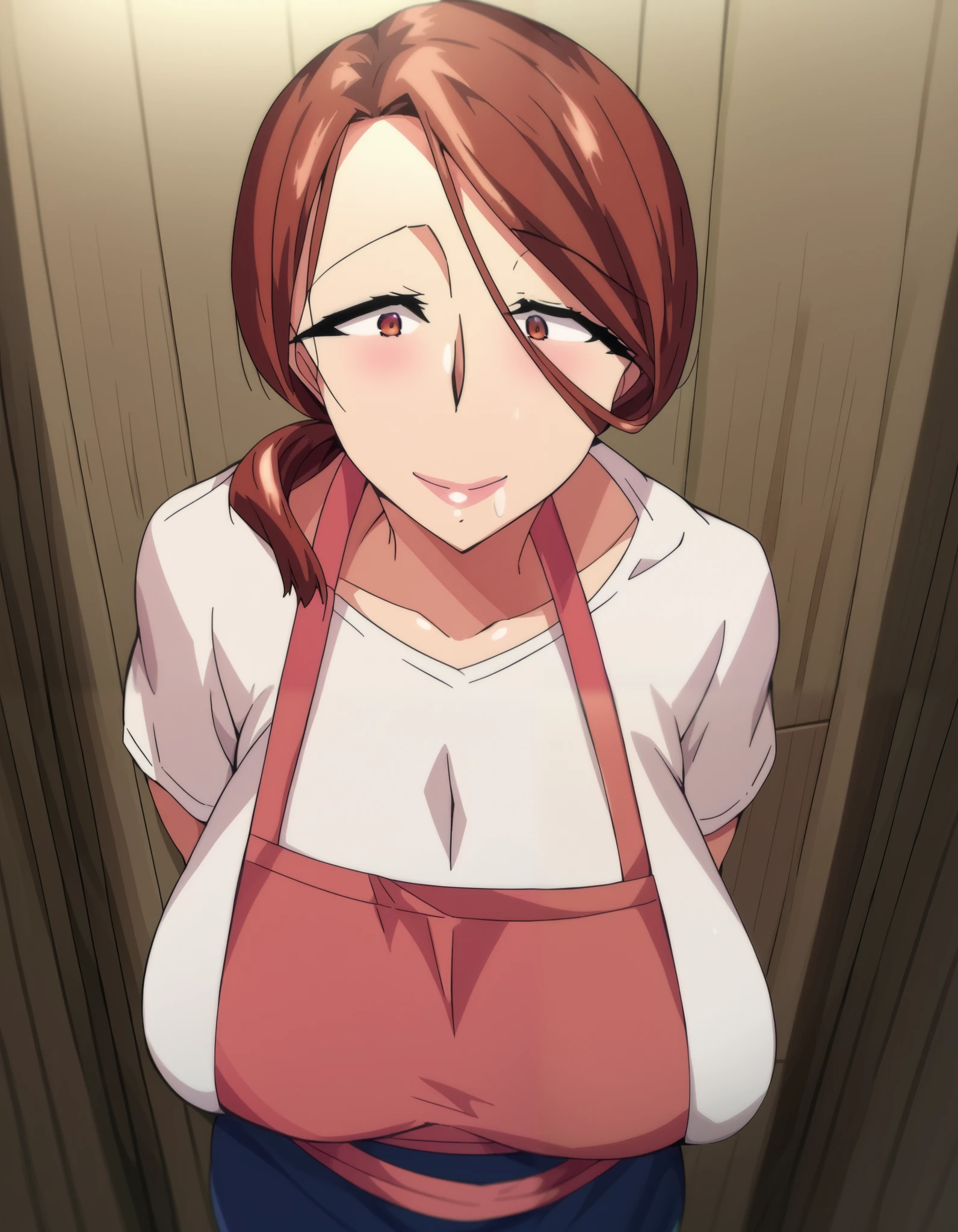 score_9, score_8_above, score_7_above, source_anime,
yumikokimura  , Yumiko Kimura ,  long hair,  brown eyes , wart, Huge breasts, wart under mouth, mature female,
skirt,  brown hair , apron, shirt, white shirt, Pink Apron, blue skirt,  ponytail ,  hair over the shoulder,
inside, he finished, smile,
cowboy shot, looking at viewerSozinho,  Dutch angle ,