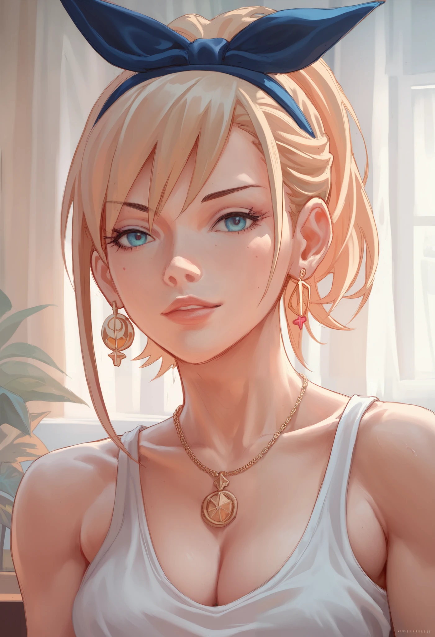 best qualtiy， A high resolution， and 18， 1girll， Android 18，(Off-the-shoulder attire:1.5)， solo， blond hairbl， eBlue eyes， short detailed hair， 耳Nipple Ring， jewely， Open vest，，  Denim triped long sleeves， blue skirts， mediuml breasts， cowboy lens， the street， （Expand the chest externally：1.2）， （No shoulder strap:1.5）， nabel，whitethighhighs
