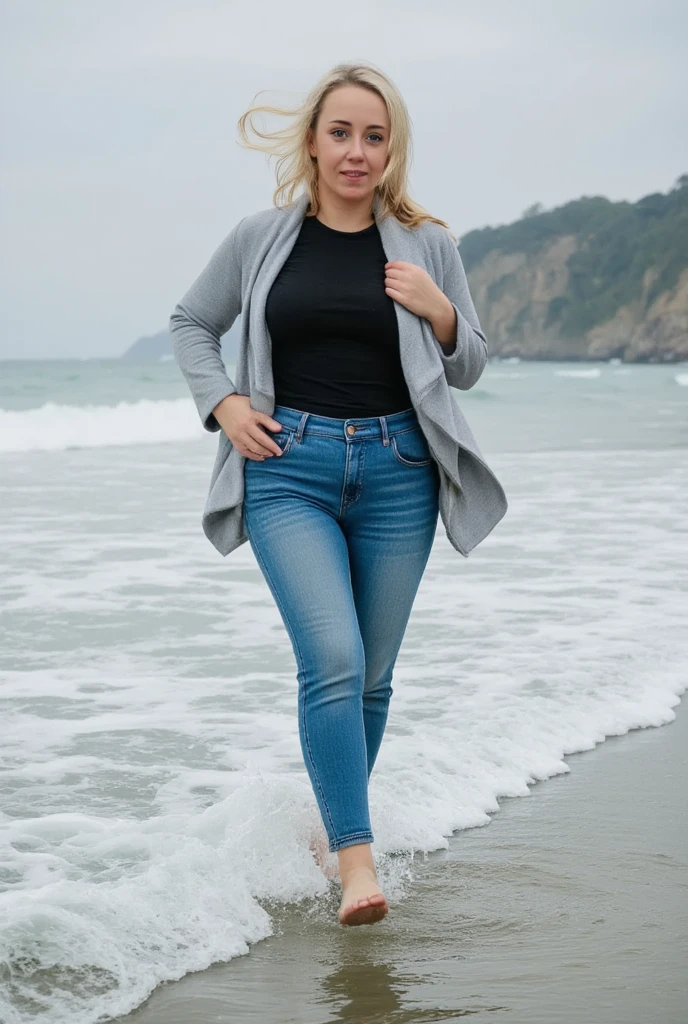 4k, best quality, masterpiece, (photorealistic:1.4), 1 girl, blond hair, wavy hair, short hair, laughing, Nordic, athletic and flirty, wearing unzipped sweatshirt and khakis, pose: standing on the Monterey pier