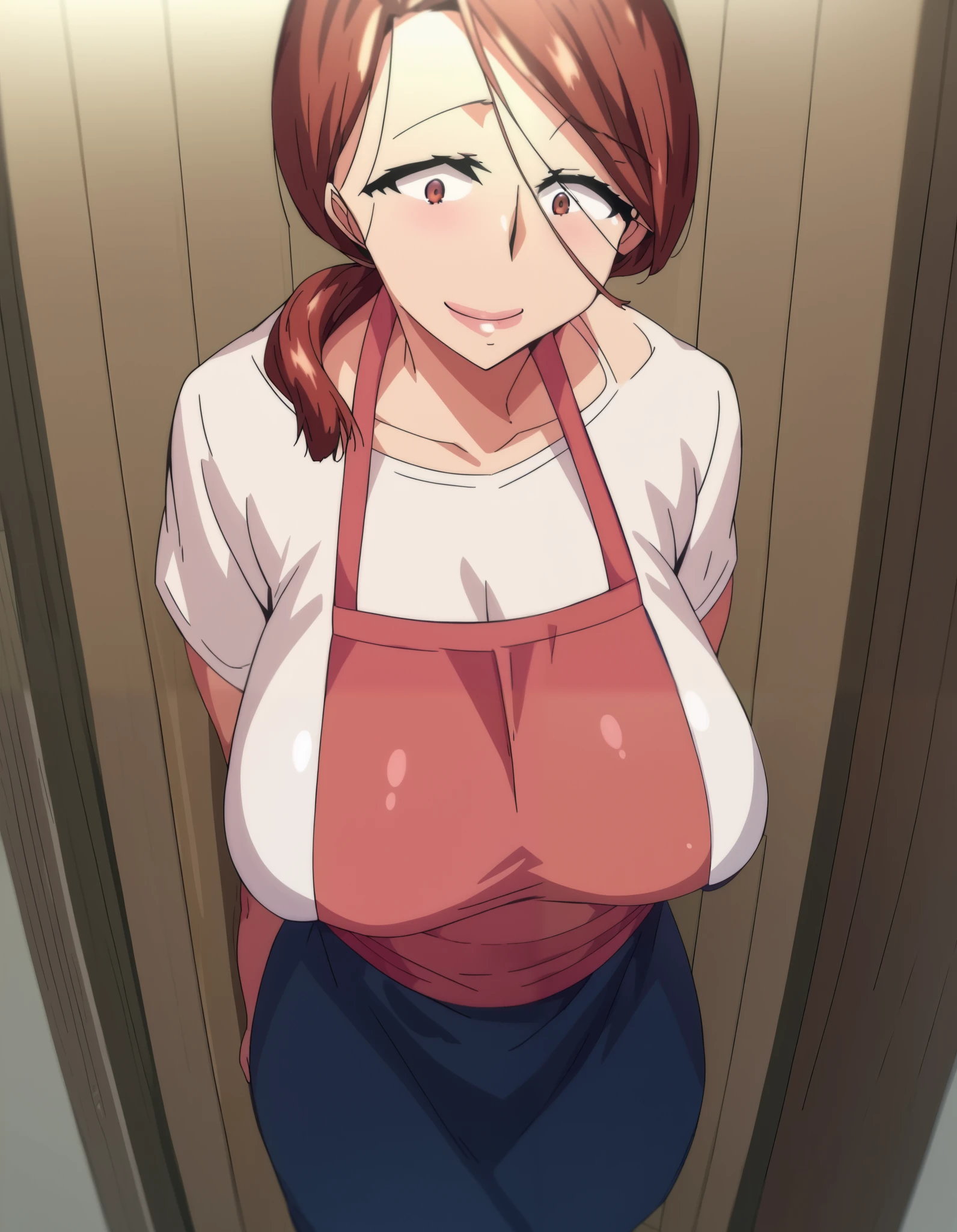 score_9, score_8_above, score_7_above, source_anime,
yumikokimura  , Yumiko Kimura ,  long hair,  brown eyes , wart, Huge breasts, wart under mouth, mature female,
skirt,  brown hair , apron, shirt, white shirt, Pink Apron, blue skirt,  ponytail ,  hair over the shoulder,
inside, he finished, smile,
cowboy shot, looking at viewerSozinho,  Dutch angle ,