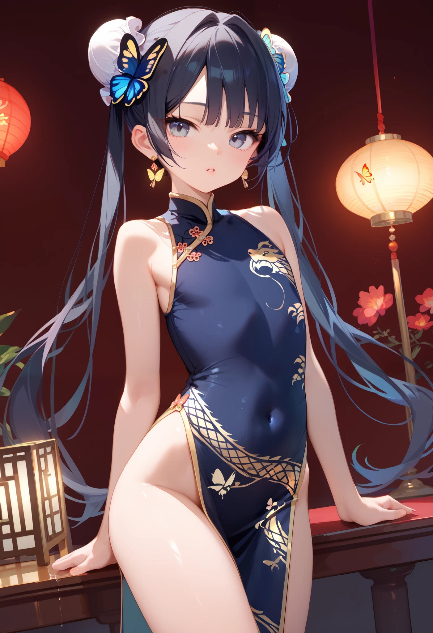 masterpiece,  top quality,  perfect face,  highest resolution, eyes showing the navel, Ryuuge Kisaki,  1 girl, young,  gray eyes,  black hair ,  bun hair ,  twin tails, Butterfly Hair Ornament,  long hair,  flat chested, Chinese Dress , dragon print, Gold embellished dress,