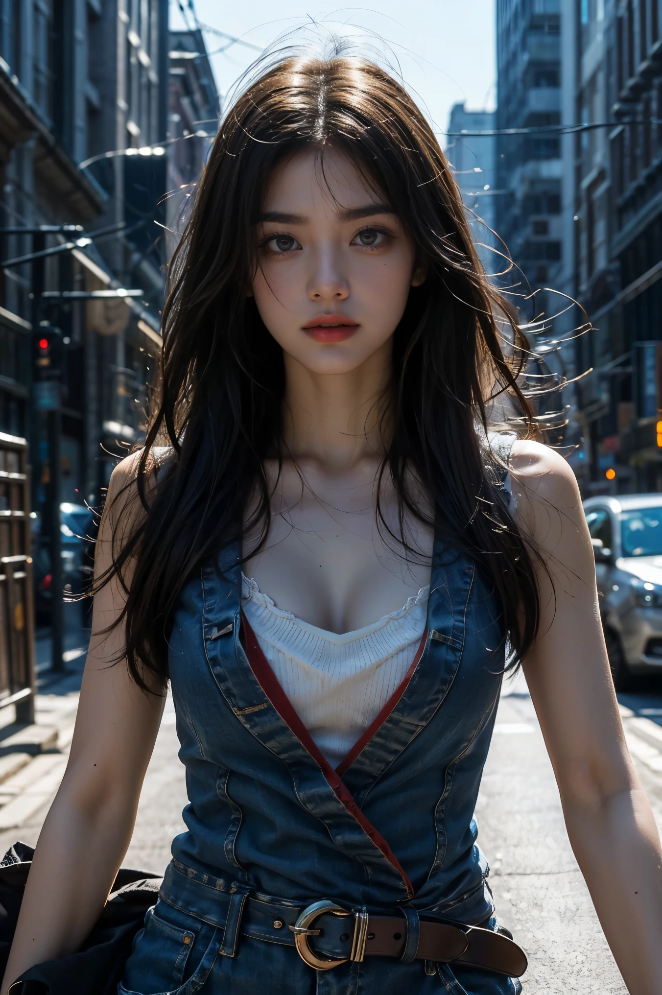 A stunning Japanese actress, radiating confidence and beauty, stands center frame, her bare skin glistening under the warm glow of cinematic lighting reminiscent of 80mm film. Her eyes sparkle with a fierce intensity, as she assumes a powerful stance, ready to take on the action-packed scene unfolding around her. The dramatic lighting accentuates her curves, creating a dazzling visual effect that draws the viewer's gaze. With a fierce determination etched on her face, she embodies the spirit of a true action heroine, her presence commanding the screen in a way that's both captivating and unforgettable.