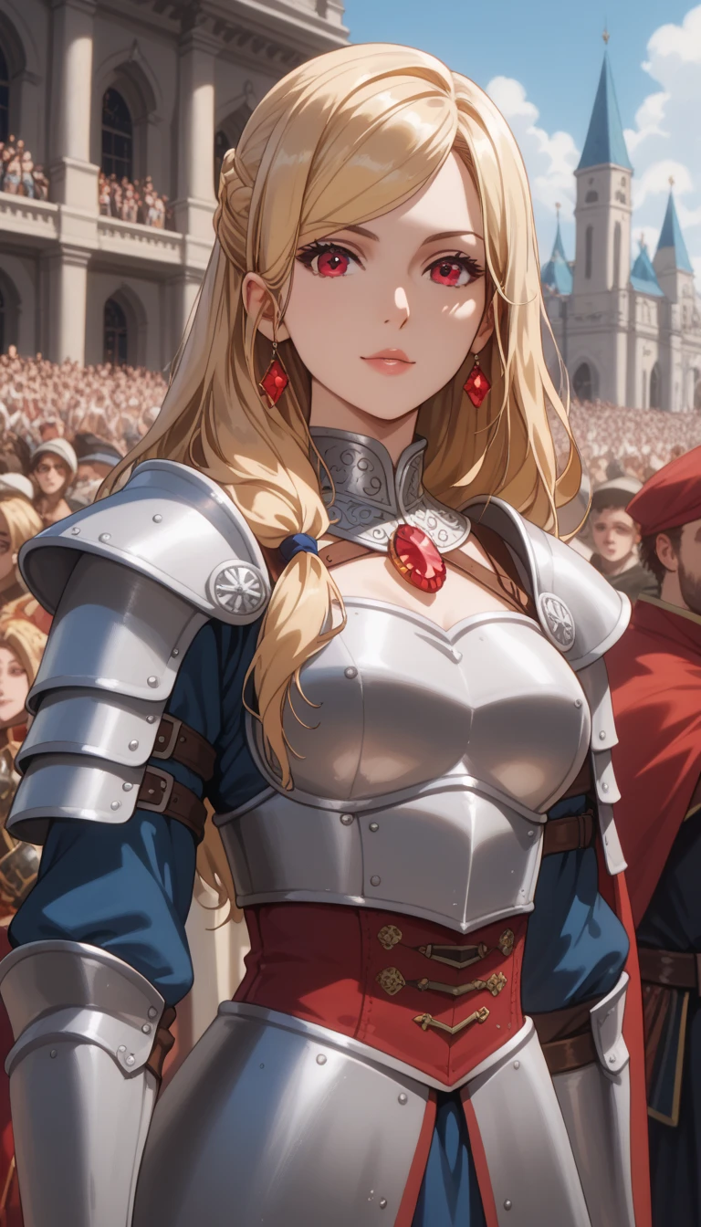 The image depicts a character with long blonde hair adorned in ornate silver armor. The armor is detailed with intricate designs, including spikes on the shoulder plates and a central chest piece that features red gemstones. The setting appears to be a medieval or fantasy environment, suggested by the background elements like the warm lighting and possibly a crowd or banners. This style of armor and the overall aesthetic are commonly associated with fantasy genres, often seen in games, movies, or illustrations depicting knights or warriors.