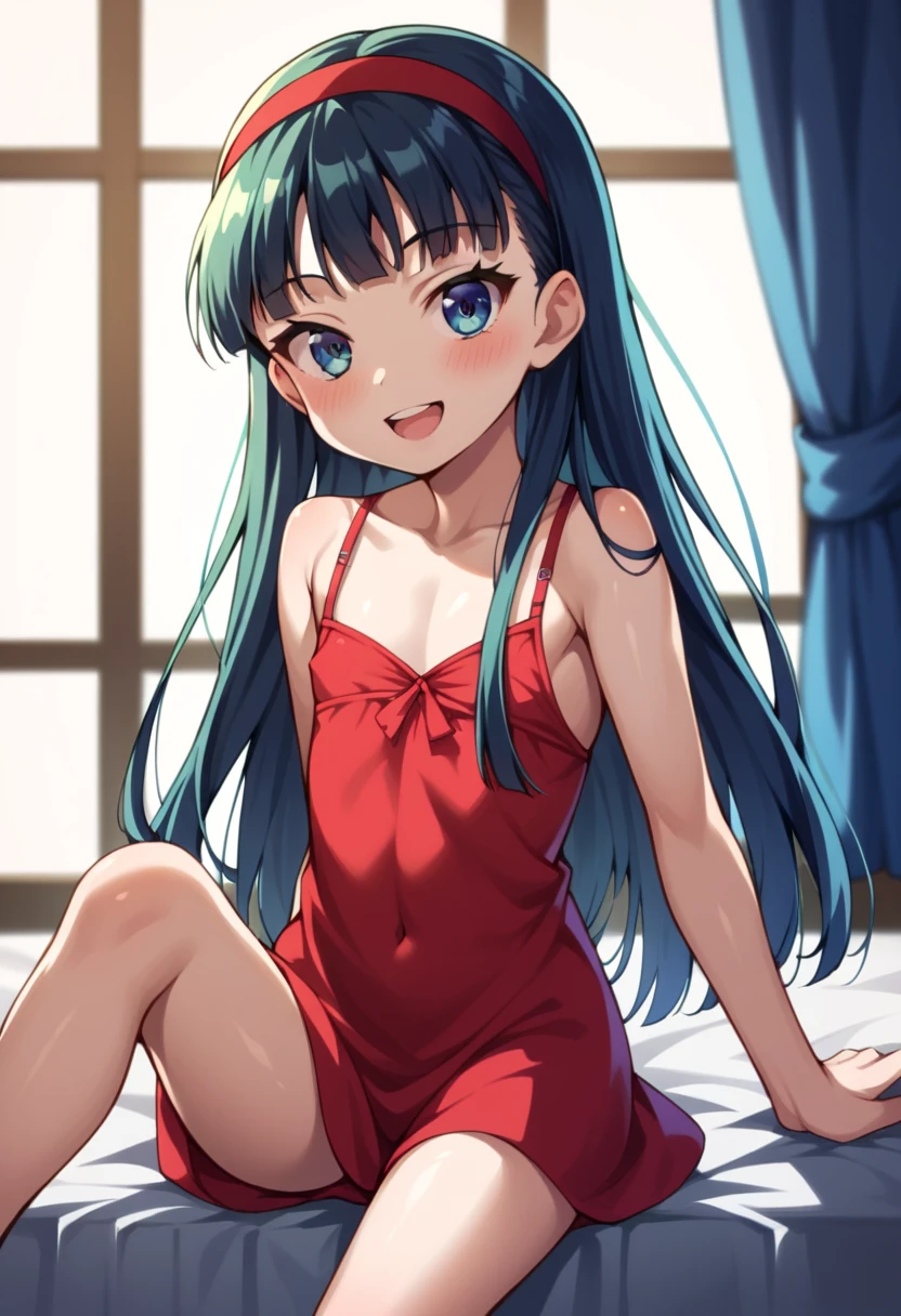 (( top quality)), ((masterpiece)), (be familiar with),  perfect face, indoor, bedroom,  viewer,
One woman,  Yukiko Aikina,
 open mouth,  ecstatic expression with hands in front of body, blush, smile,
 small ,  flat chested, Young girl, Lori,  kids,  girl,
 long hair,  long hair,
Leg spread,