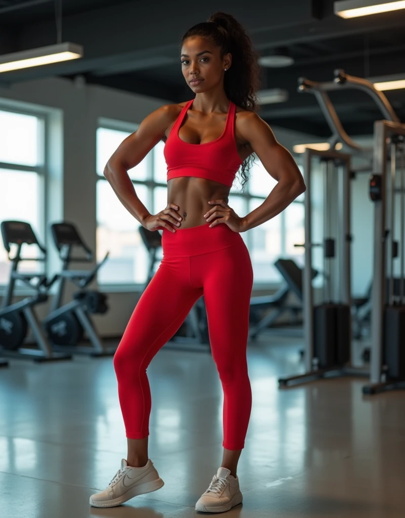 An athletic Latina woman with a muscular and fit body, featuring a large bust. She is wearing a sleek, form-fitting gym outfit, which emphasizes her strong physique. The gym suit is stylish, with modern design elements, possibly in vibrant colors like red or black. She stands confidently, her pose highlighting her toned arms and legs, ready for an intense workout session. The background might include a gym setting, with equipment or a minimalist design to focus on her