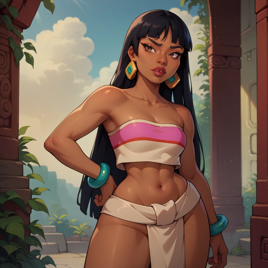 (masterpiece, best quality:1.2), 1girl, solo, chel_eldorado, cartoon, disney style, disney, young body, dark skin, tube top, loin cloth bottom, wearing white lingerie underneath, soaking wet, reflective skin, small nice breasts, wide eyes, looking at viewer, transparent clothes, collar, stockings, wet clothing, loin cloth, skin tight, choker, garter belt, standing, absurdly long hair, very long hair, bangs, (blunt bangs:1.1), lips, earrings, black eyes, brown eyes, dark-skinned female, outdoors, jungle (detailed, highres:1.2) disney animation style, clean details, soft features, hands behind back, young, t**en, adolescent, spreading cheeks