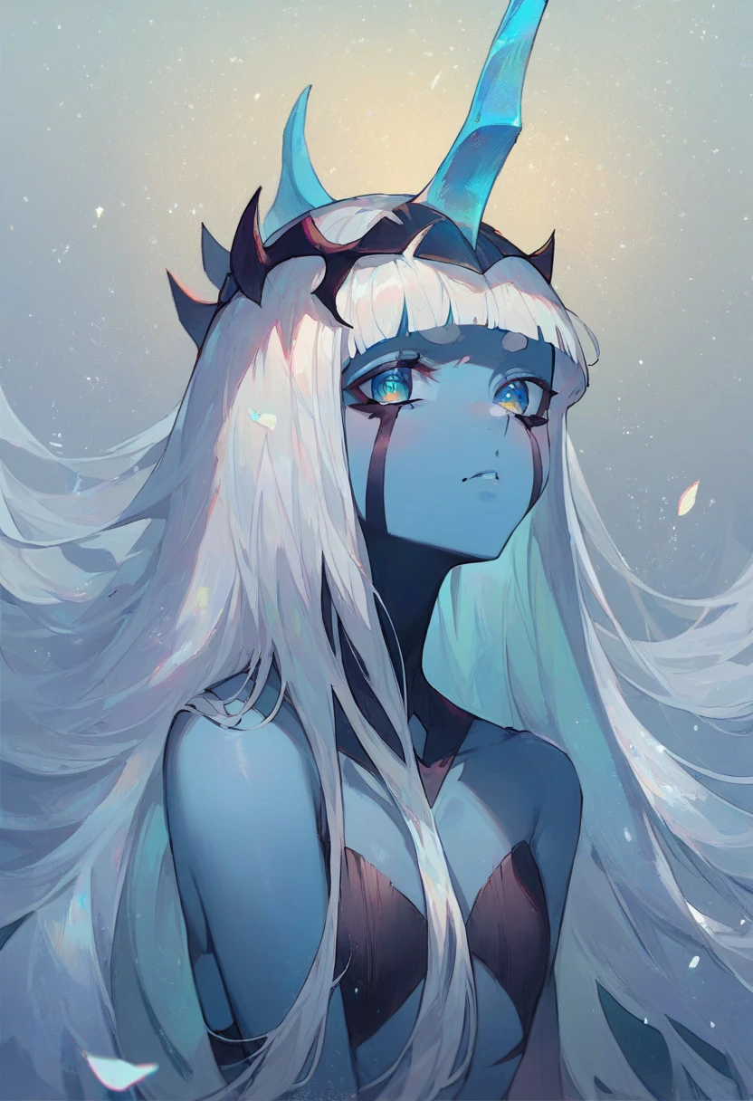 score_9, score_8_up, score_7_up, source_anime, masterpiece, perfectly detailed, detailed face, detailed eyes, beautiful eyes, Klaxosaur Princess, 001 (darling in the franxx), zero one (darling in the franxx), 1girl, horns, long hair, colored skin, looking at viewer, white hair, closed mouth, upper body, blunt bangs,Butcha,score_9_up,chest, 大きなchest, Gaze, Light blush, Bunny girl,chest元の開いた,whole body,Thighs,Looking up