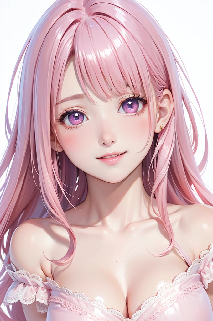 Very detailed CG Unity 8K wallpaper, Cute One lady, Mature pink hair、lady ,beautiful lady, pale skin (Super masterpiece, Beautiful person, well detailed face polluted smile, Photorealistic, hyper realisitic), Colorful winter kimono in pink and white colors、(white fur)、Japanese Style Hair Accessories、smile、Japanese background with light pink flowers and snow、Portrait、(pink eye)、(flat chest:1.2)、(Glowing Skin:1.7)、Detailed eyes、Big eyes、Open your mouth、Hide your arms