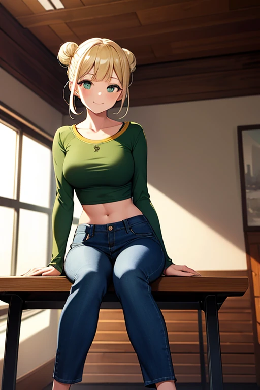 (Best quality:1.1), (Masterpiece:1.4), (fantasy illustration:1.2), 1girl, A nice girl, Yellow hair tied into a large strand that covers her right eye, Green eye, A blue shirt that exposes her stomach, jeans