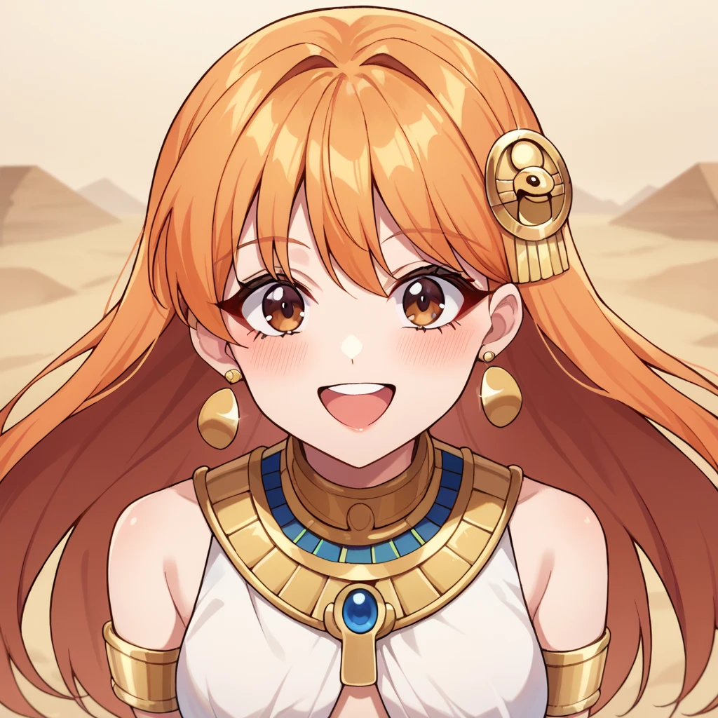 score_9, score_8, score_7, source_anime, Leona, ginger blonde hair, long hair, brown eyes, hair ornament, earrings,  golden collar, golden armband, egyptian clothes, POV, looking at viewer, blush, smile, open mouth, upper teeth only, in a desert with the pyramids in the background.