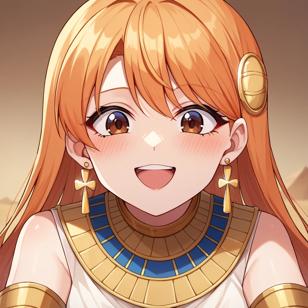 score_9, score_8, score_7, source_anime, Leona, ginger blonde hair, long hair, brown eyes, hair ornament, earrings,  golden collar, golden armband, egyptian clothes, POV, looking at viewer, blush, smile, open mouth, upper teeth only, in a desert with the pyramids in the background.