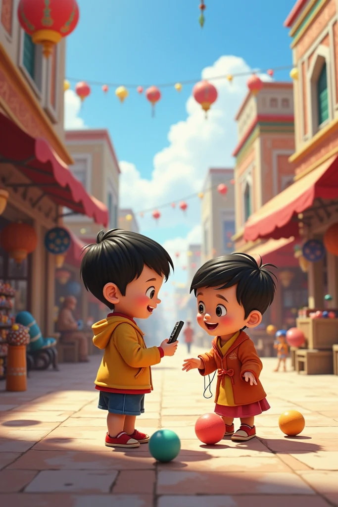 
• Description: The boy approaches the stand and orders a blueberry tea.. The seller, friendly and smiling, He hands her the drink. The boy takes a sip and, Instantly, He sees bubbles of various colors around him. The protagonist, when a bubble bursts, one of his friends appears., His expression changes to one of immense excitement and happiness. So keep popping bubbles and more friends appear.