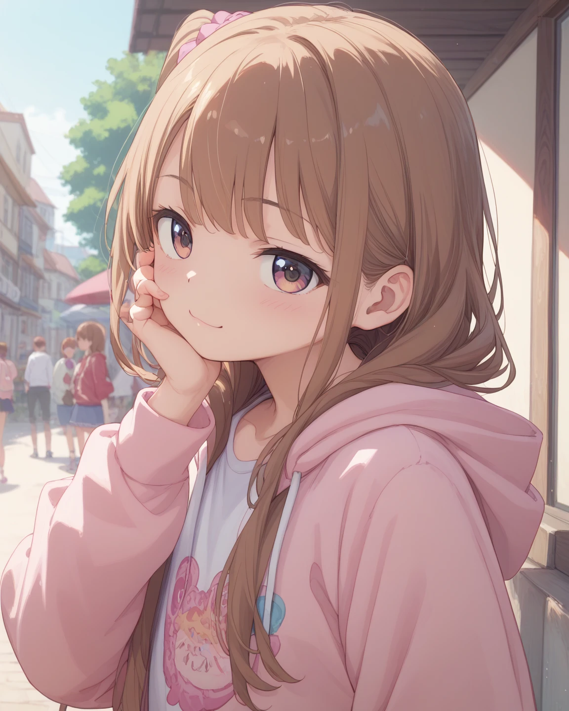 masterpiece、 High Quality 、 1 girl、(loli), Brown Hair、 long hair、bangs、bangsぱっつん、 hoodie