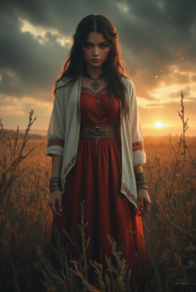 Illustration of a joyful young Kazakh woman standing in a field, in the style of Bernie Wrightson. olive skin, black hair, Asian facial features, indigenous ethnicity, indigenous Kipchat clothing, local jewelry, full body, gloomy and depressive atmosphere. Dark color palette, compositional balance, defined silhouettes, shadows, highlights, intricate details, dark fantasy, story-rich illustrations, visual persuasiveness in the style of Bernie Wrightson. inspired by Senua's Hellblade and Horizon Zero Dawn.