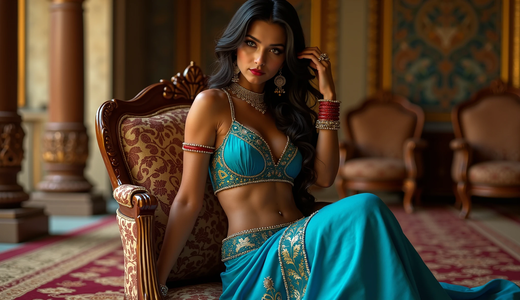 (((Stunningly Beautiful persian Princesss ))), elegant blue black updo hair, sweet smile, Beautiful bride posing under a fairy tale arch of exotic magical flowers, looking back,elaborate scene style, crystal glass lattice, glitter, transparent embroidered lace, realistic style, 8k,exposure blend, medium shot, bokeh, (cinematic), (hyperdetailed:1.2),Realism,1 girl,girl wearing indian saree(dressed in transparent saree)(wearing glitter graphics jewelry, medium ,Sexy medium Breast,nipple,bright light ,long_hair, Bokeh ,nsfw , indian ,tree branch, colourfull , princess dress,lehenga choli
