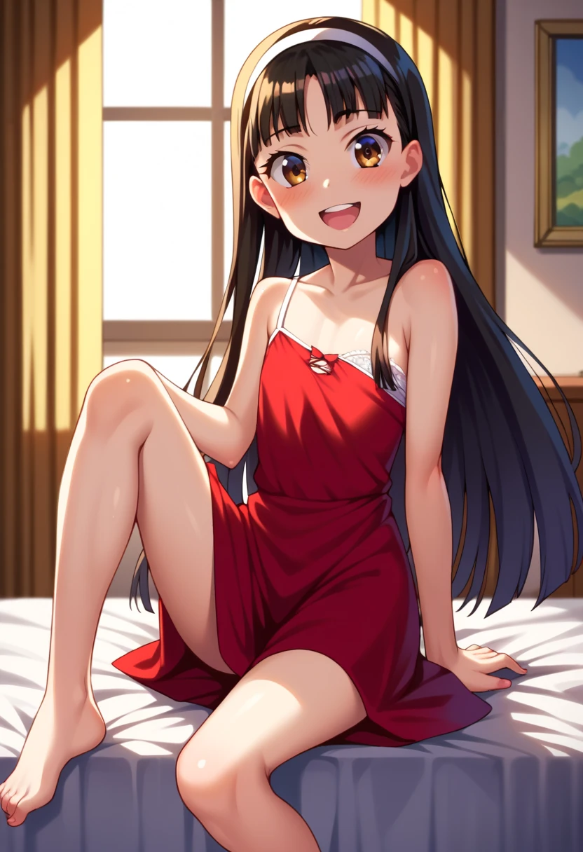 (( top quality)), ((masterpiece)), (be familiar with),  perfect face, indoor, bedroom,  viewer,
One woman,  Yukiko Aikina,
 open mouth,  ecstatic expression with hands in front of body, blush, smile,
 small ,  flat chested, Young girl, Lori,  kids,  girl,
 long hair,  long hair,
Leg spread,