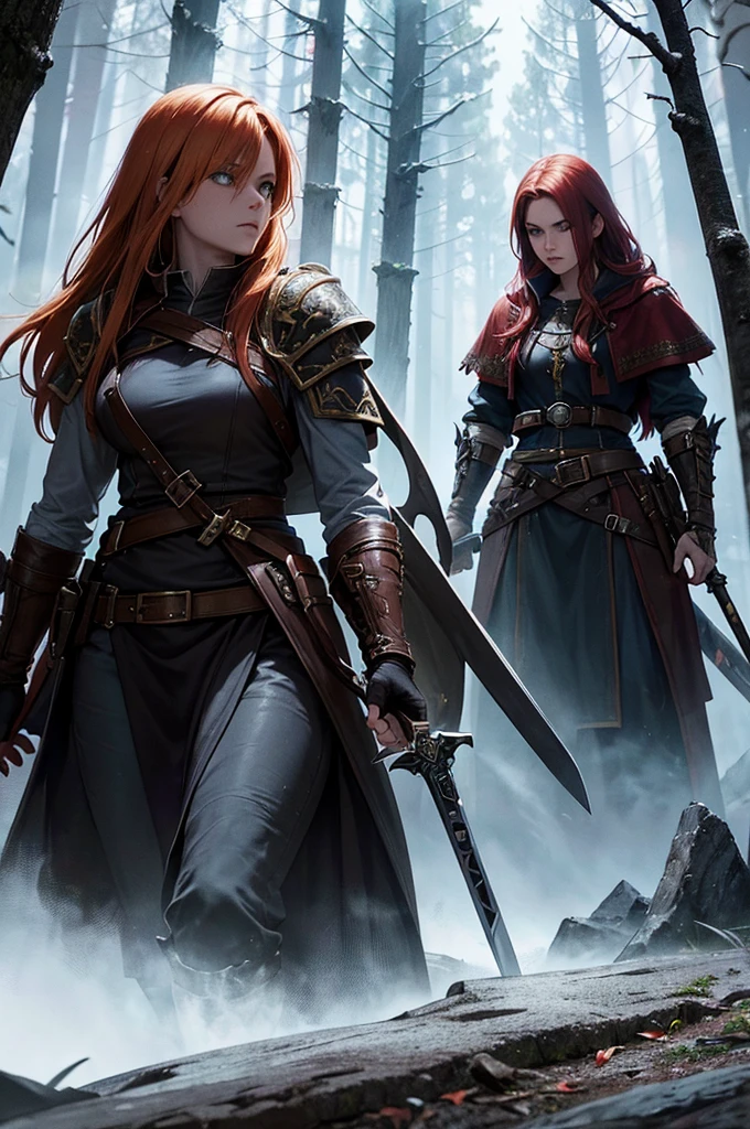 demon boy, with blue eyes, red hair color, Her skin is like volcanic magman, wearing a long trench coat and a mail breastplate, On his back he carries a sword, Their giants have iron beaks, and on his head a crown that worthy of being the supreme king