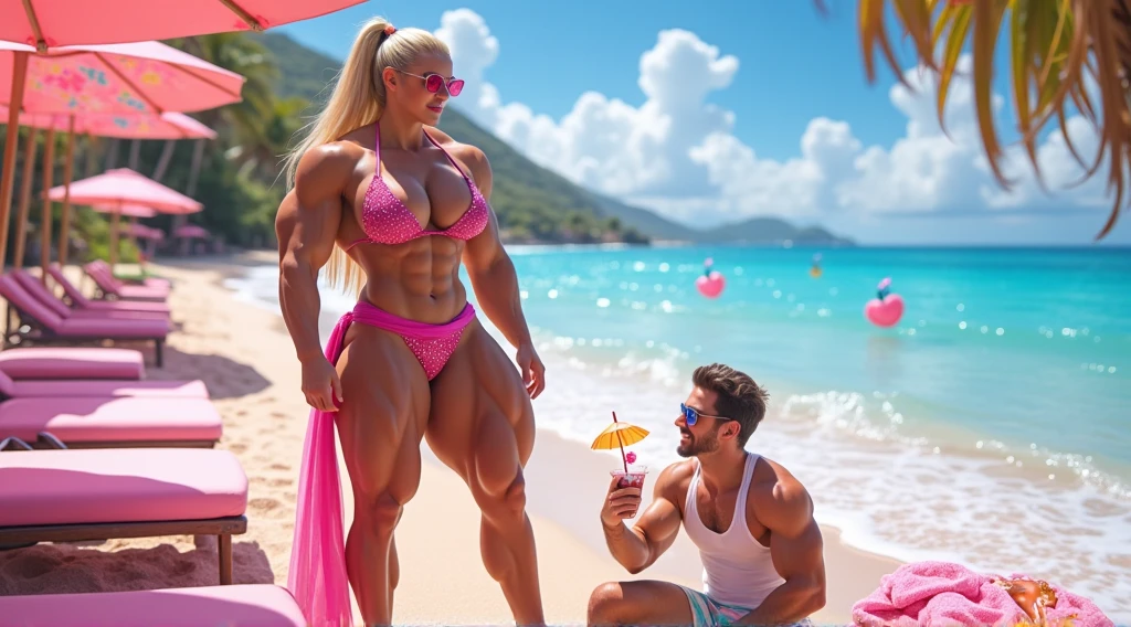 Blonde Woman and man bodybuilders, with beautiful bodies, not too many muscles, wearing tight latex covering their private parts, beautiful faces, outside in the sun standing along the seashore, palm trees, sandy beaches, ocean, standing near each other holding hands