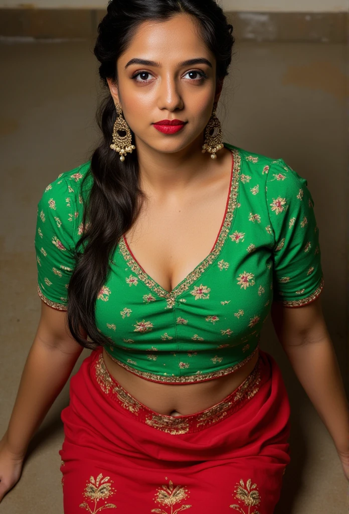 Red lips nose pierced wearing hot green blouse and red lengha, bathing wetted clothes 