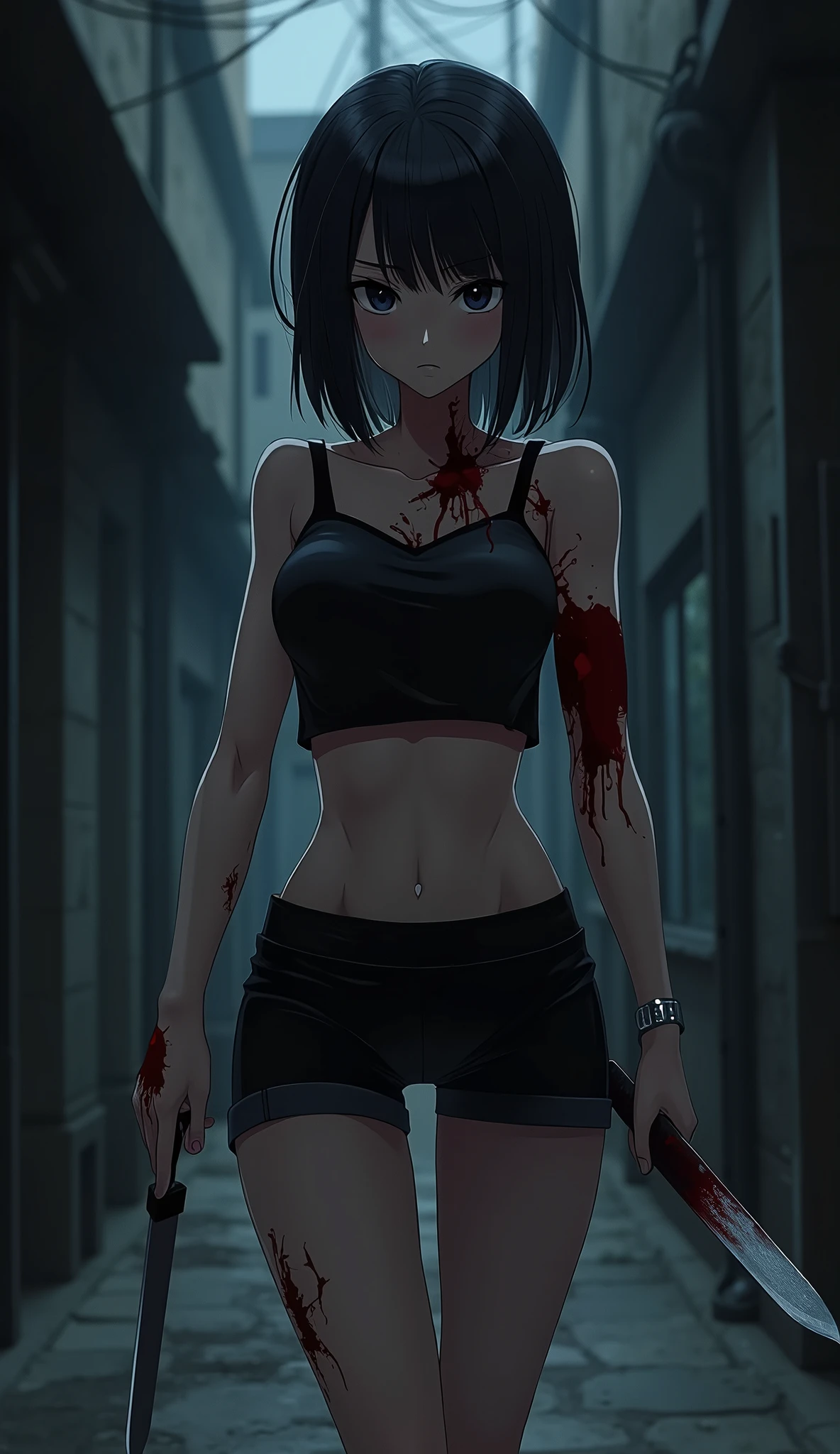 top-quality、Top image quality、in 8K,4K,masterpiece、(NSFW:1.1)、ultra-detailliert、Beautiful、ultra-quality、adult-like、Cool、((Undersized breasts:1.4、Narrow cleavage, under the boobs, (Bloods:1.4), wounds, (Bloody:1.1), Blood everywhere, (Blood on clothes:1.1), blood pool, (Covered with blood:1.3))、girl with(((18year old、Halloween Style:1.5、Bra:1.2、shortpants:1.3、silber hair、a short bob:1.3、Putting out fangs:1.5、Holding one bloody torn arm in his hand、Red Eyes、erotick:1.4、Happiness、The tattoo)))、hiquality、visualart、Background with((neons, the night:1.3、City Background:1.3、Zombie swarm:1.3))、masutepiece