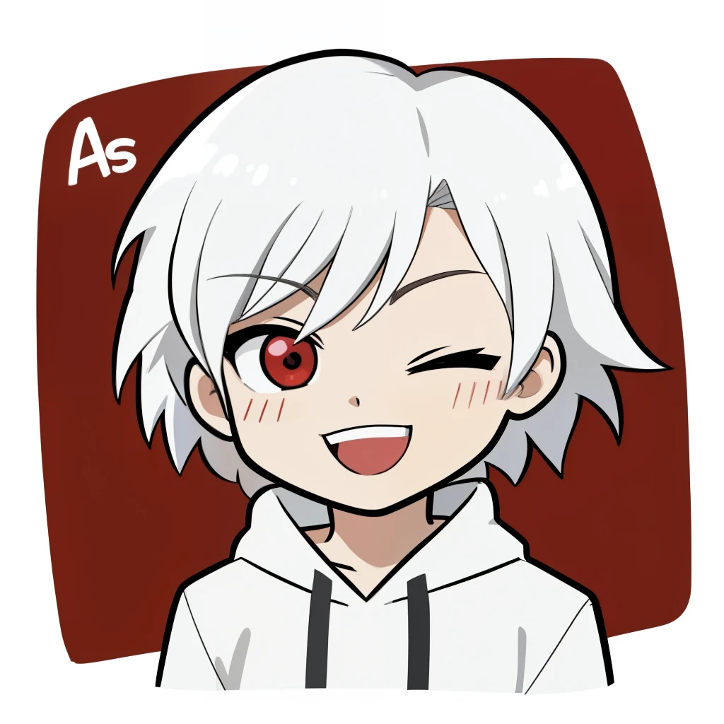 He was a man with thick white hair, wearing a white hoodie and a red face, eyes closed and a happy smile. The drawing must be in chibi anime style. The background must have a pattern."