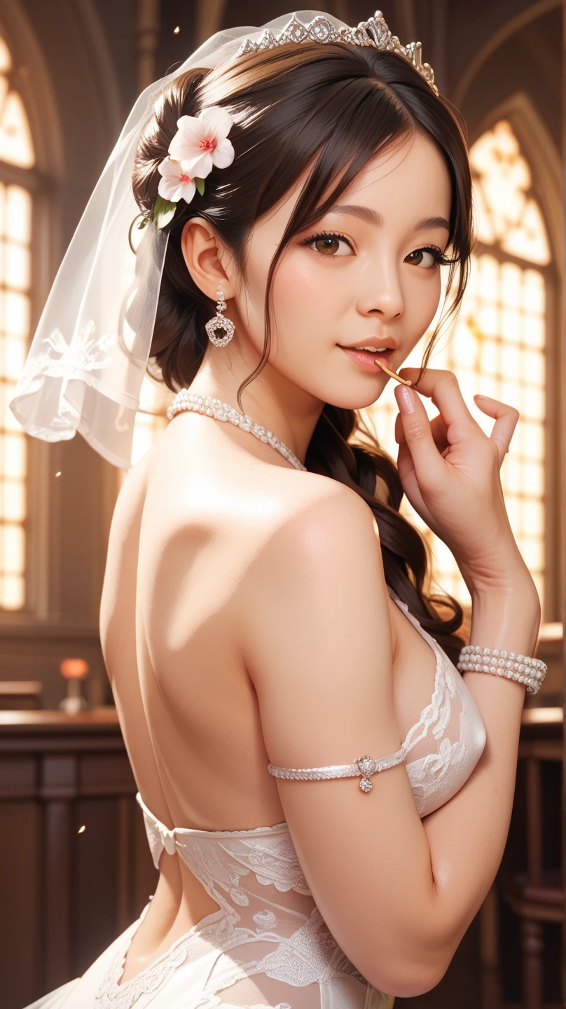 masterpiece:1.2, best quality), realistic, (real picture, intricate details, depth of field), (1girl, solo), make up, parted lips, highly-detailed, perfect face, (skindentation), thick thighs, wide hips, small waist, tall, glossy coral lips,, (A girl in a wedding dress with flowers in hands )), sexy, blushing, Mikasa from AOT