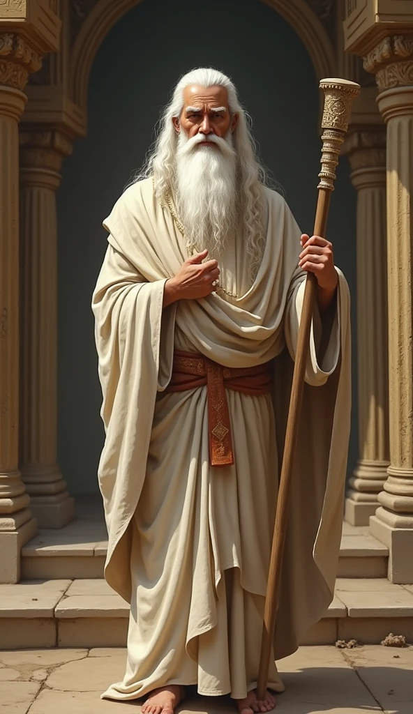 Man with beard and white robe holding a crucifix 
